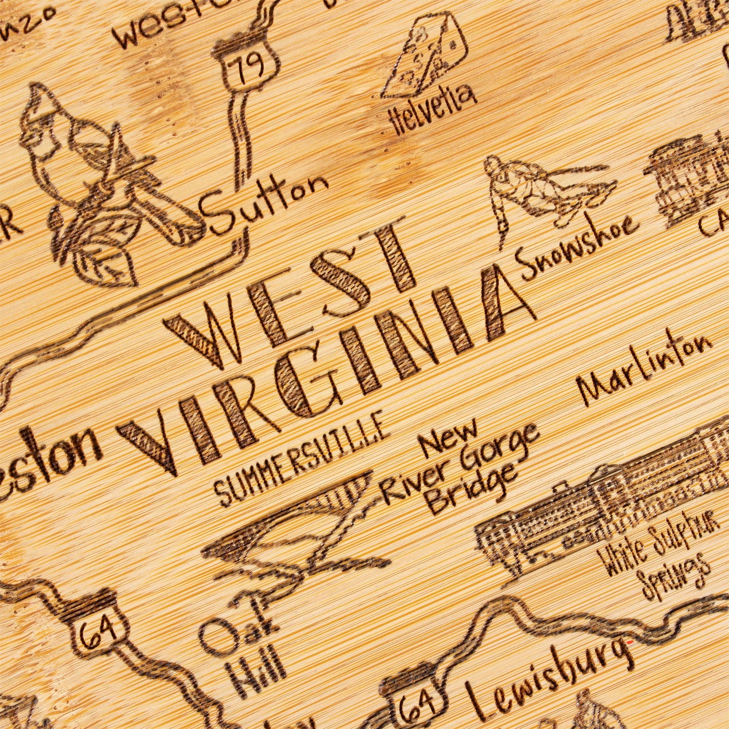 Destination West Virginia Cutting Board w/ Engraved Artwork