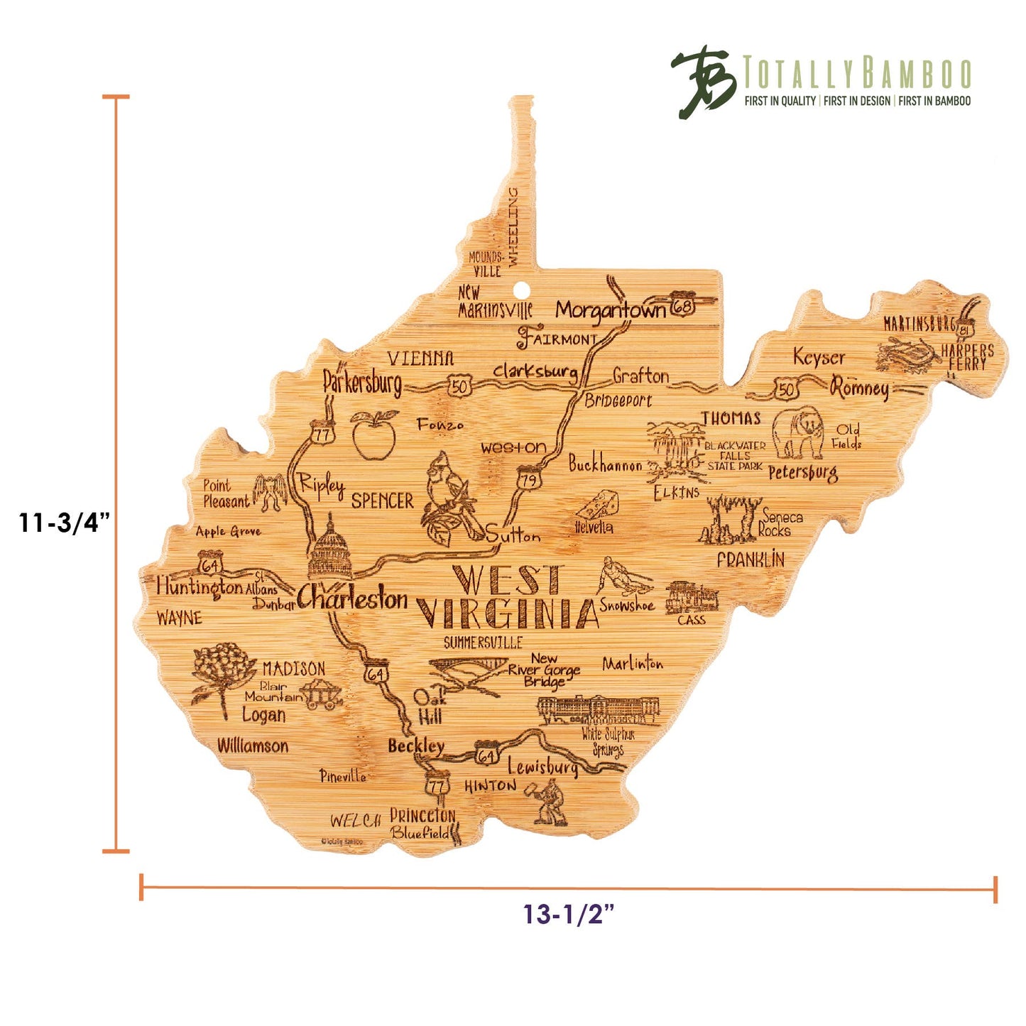 Destination West Virginia Cutting Board w/ Engraved Artwork