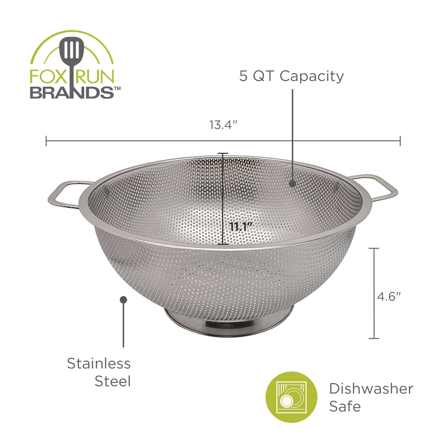 Fox Run Large Stainless Steel Colander, 5 Quart Strainer