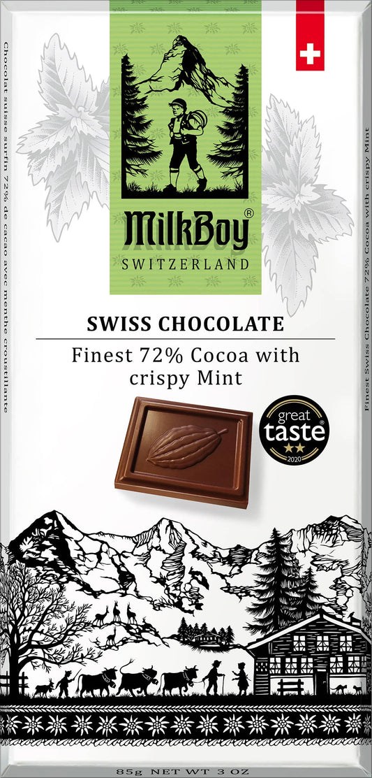 Milkboy Swiss Chocolates - 72% Cocoa with crispy Mint