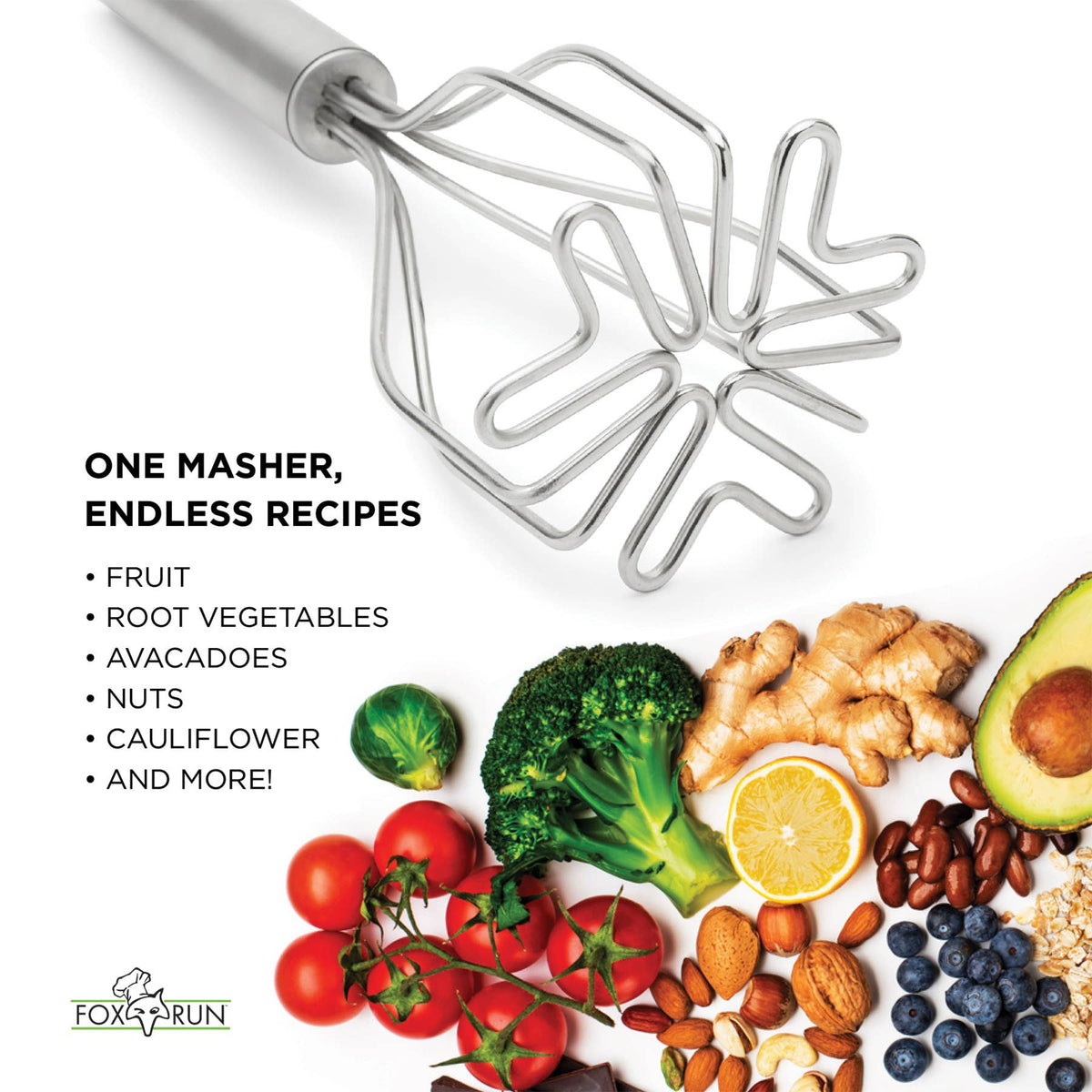 Fox Run Brands - Fox Run 2-in-1 Mixer Stainless Steel Potato Masher, 10.5"