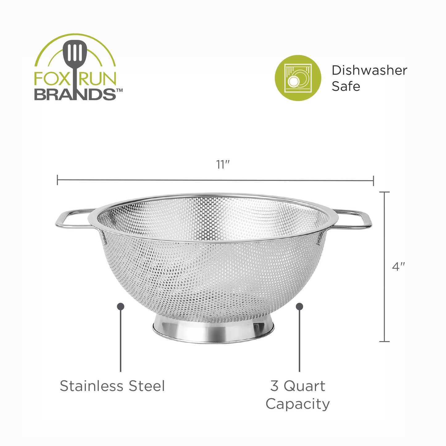 Fox Run Large Stainless Steel Colander, 3 Quart Strainer