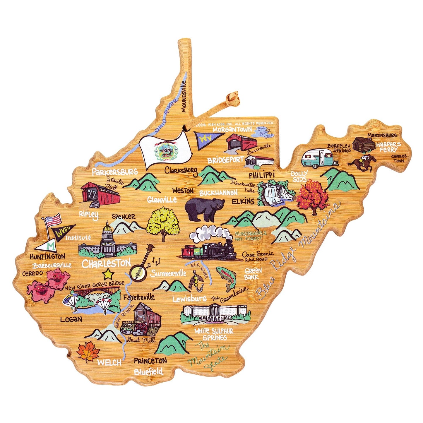 2 West Virginia Cutting Board with Artwork by Fish Kiss™