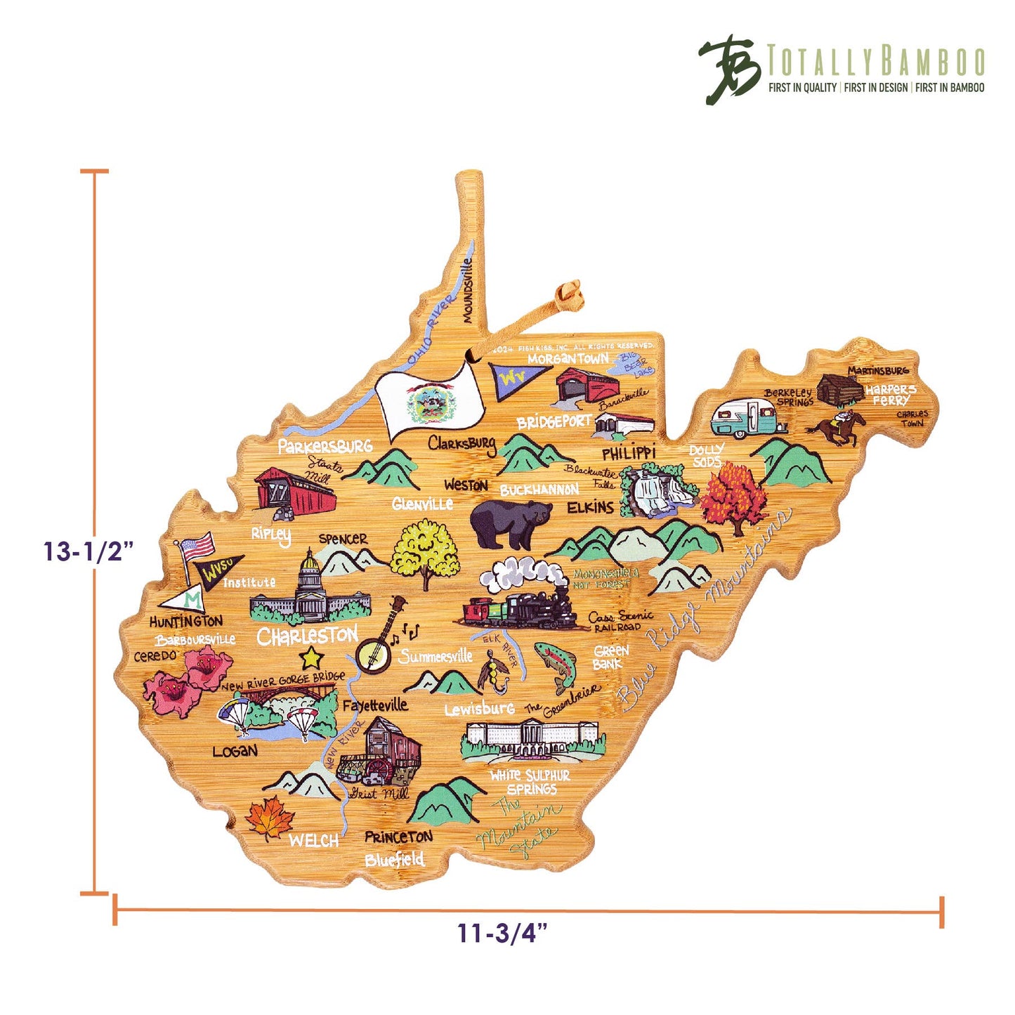 2 West Virginia Cutting Board with Artwork by Fish Kiss™