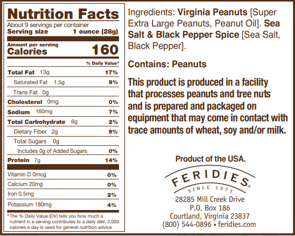 FERIDIES - 9 oz. Sea Salt & Black Pepper Virginia Peanuts