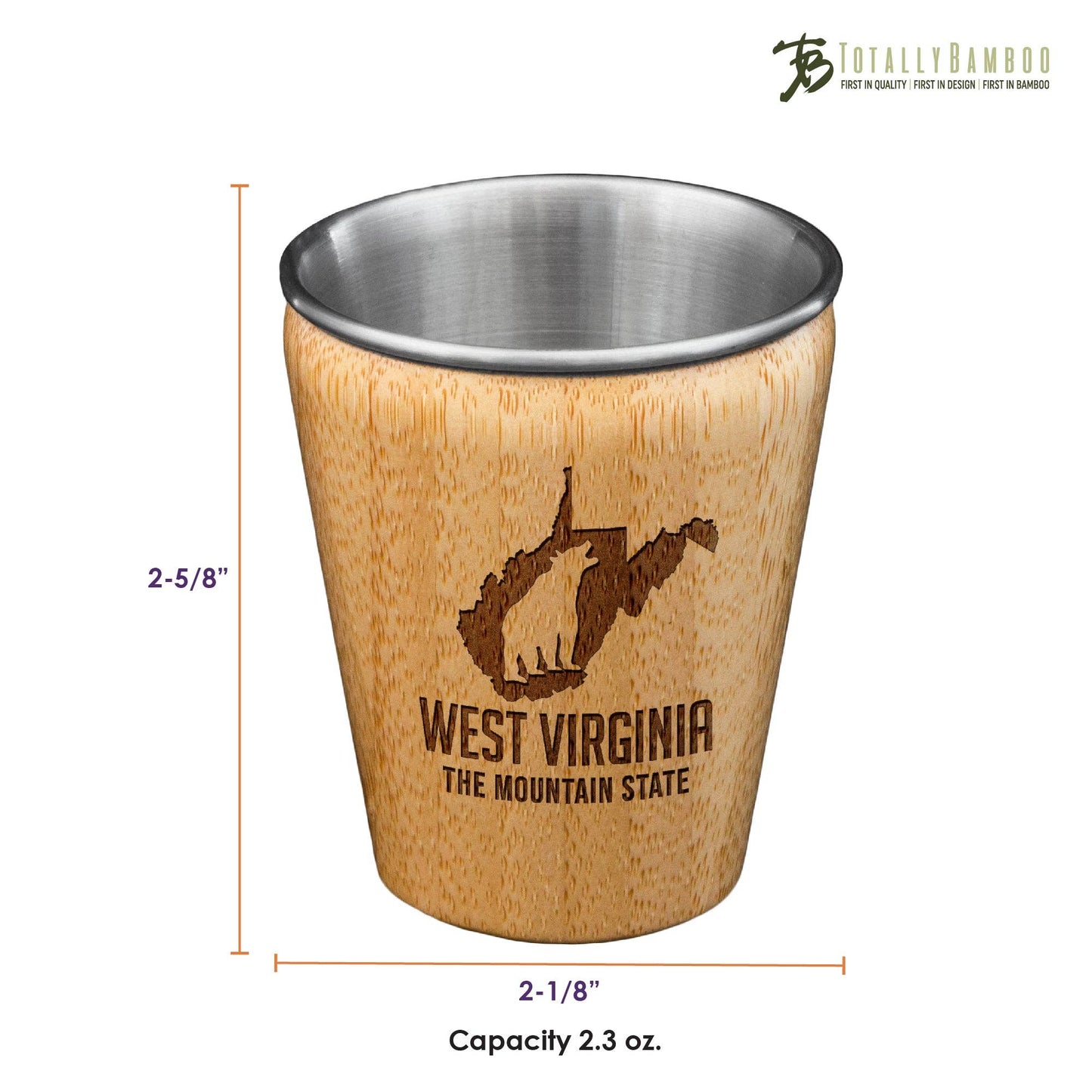 West Virginia Engraved Shot Glass, Bamboo & Stainless Steel